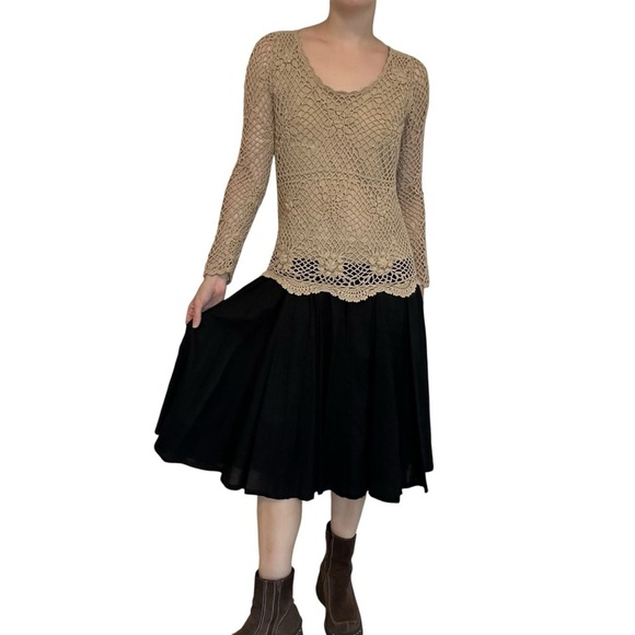 Vintage Long Sleeve Dress Crochet Bohemian Artsy Unique Black Tan Size 8 Medium - Picture 2 of 9